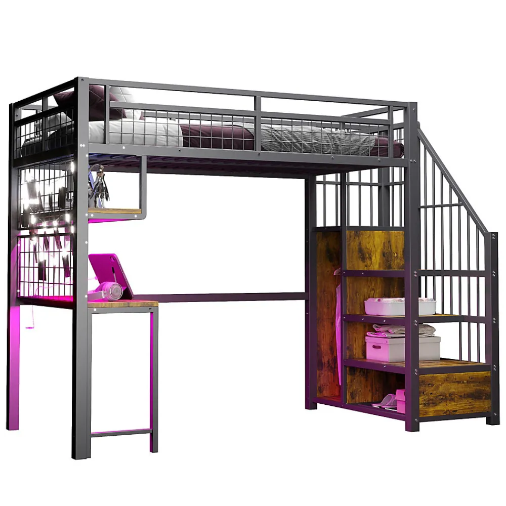 Lit mezzanine 90x200 cm avec bureau intégré, étagères et échelle de rangement en métal noir pour chambre ado>Redom Hot