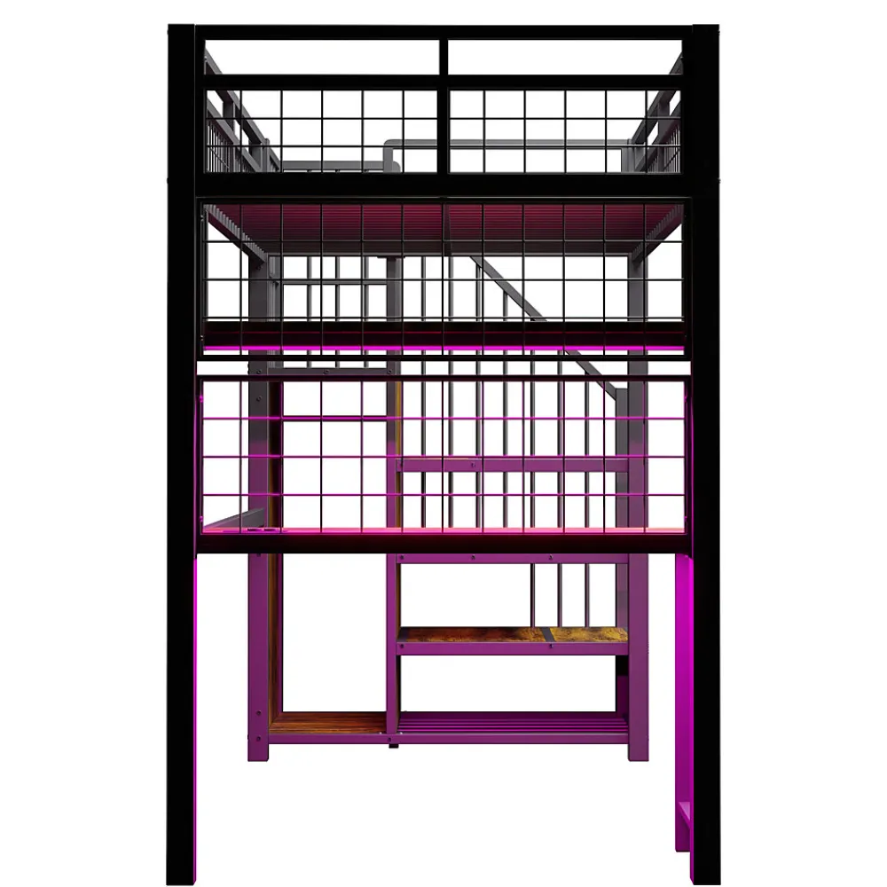 Lit mezzanine 90x200 cm avec bureau intégré, étagères et échelle de rangement en métal noir pour chambre ado>Redom Hot