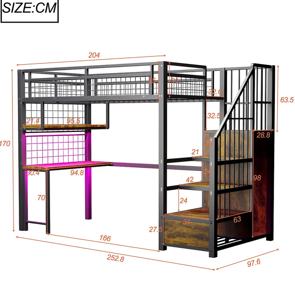 Lit mezzanine 90x200 cm avec bureau intégré, étagères et échelle de rangement en métal noir pour chambre ado>Redom Hot