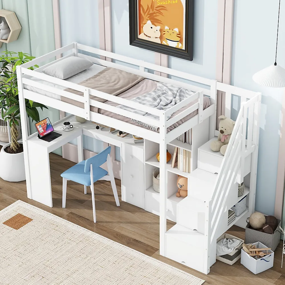 Lit mezzanine 90x200 cm avec bureau integre tiroirs et etageres structure pin et MDF blanc>Redom Discount