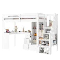 Lit mezzanine 90x200 cm avec bureau integre tiroirs et etageres structure pin et MDF blanc><noscript><img width=