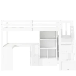 Lit mezzanine 90x200 cm avec bureau integre tiroirs et etageres structure pin et MDF blanc><noscript><img width=