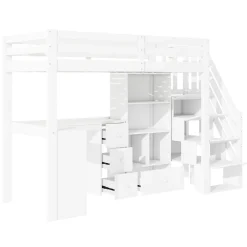Lit mezzanine 90x200 cm avec bureau integre tiroirs et etageres structure pin et MDF blanc><noscript><img width=