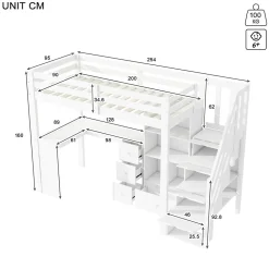 Lit mezzanine 90x200 cm avec bureau integre tiroirs et etageres structure pin et MDF blanc><noscript><img width=