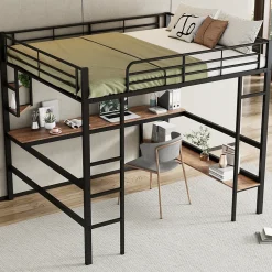 Lit mezzanine 140x200 cm avec bureau et étagères intégrées, cadre métal noir fonctionnel><noscript><img width=