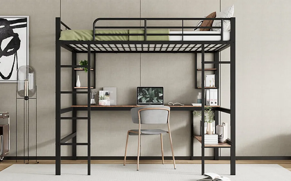 Lit mezzanine 140x200 cm avec bureau et étagères intégrées, cadre métal noir fonctionnel>Redom New