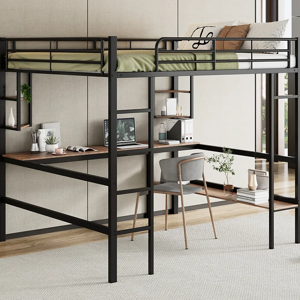 Lit mezzanine 140x200 cm avec bureau et étagères intégrées, cadre métal noir fonctionnel>Redom New