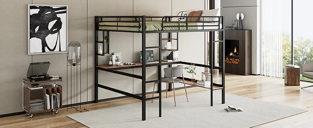 Lit mezzanine 140x200 cm avec bureau et étagères intégrées, cadre métal noir fonctionnel>Redom New