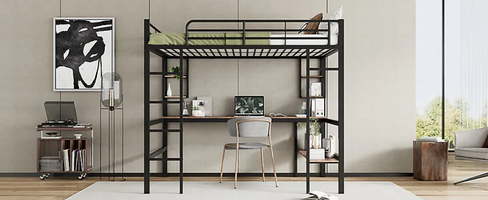 Lit mezzanine 140x200 cm avec bureau et étagères intégrées, cadre métal noir fonctionnel>Redom New