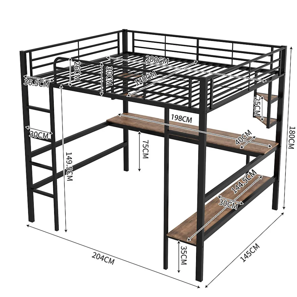 Lit mezzanine 140x200 cm avec bureau et étagères intégrées, cadre métal noir fonctionnel>Redom New