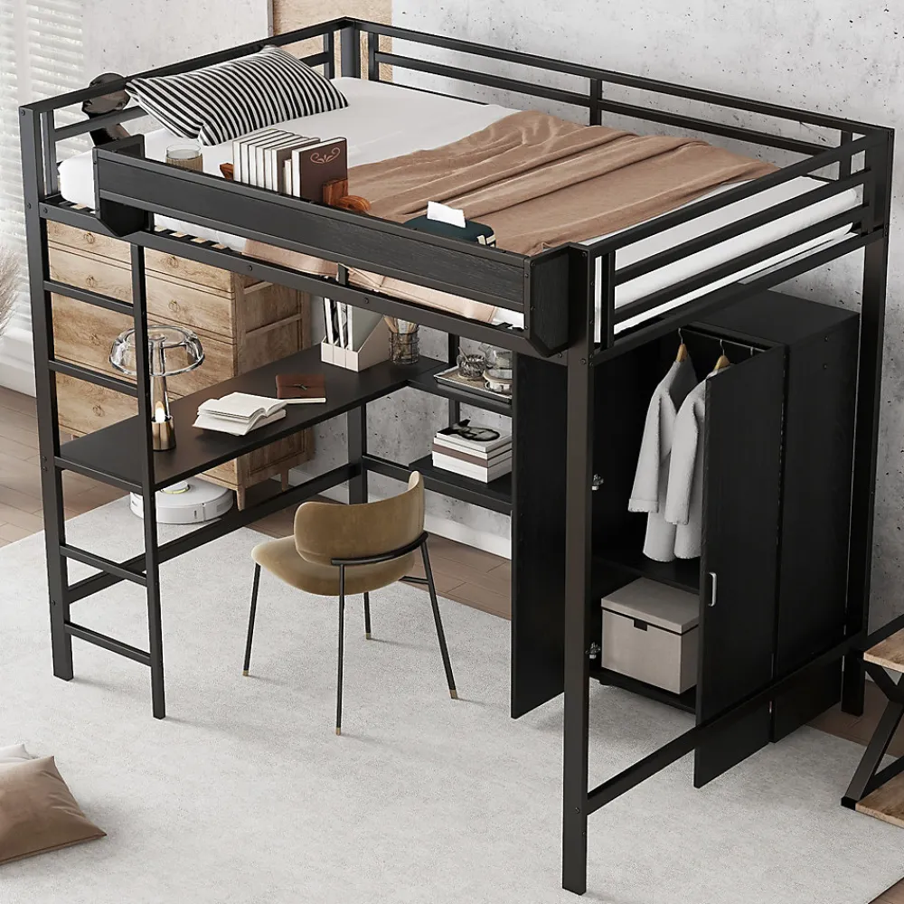 Lit mezzanine 140x200 cm avec bureau et étagère de rangement - avec garde-robe - Métal + MDF - Noir (sans matelas)>ModernLuxe Discount