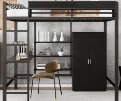 Lit mezzanine 140x200 cm avec bureau et étagère de rangement - avec garde-robe - Métal + MDF - Noir (sans matelas)><noscript><img width=