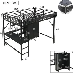 Lit mezzanine 140x200 cm avec bureau et étagère de rangement - avec garde-robe - Métal + MDF - Noir (sans matelas)><noscript><img width=
