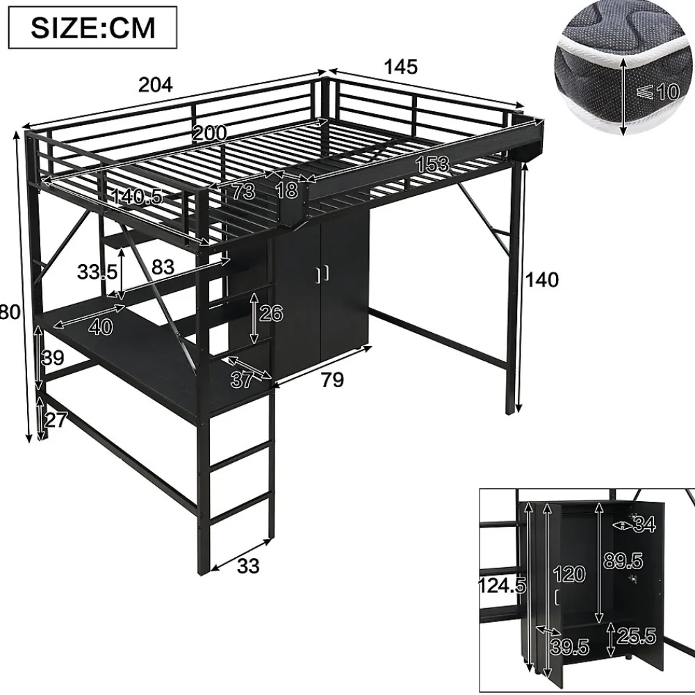 Lit mezzanine 140x200 cm avec bureau et étagère de rangement - avec garde-robe - Métal + MDF - Noir (sans matelas)>ModernLuxe Discount