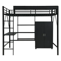 Lit mezzanine 140x200 cm avec bureau et étagère de rangement - avec garde-robe - Métal + MDF - Noir (sans matelas)><noscript><img width=