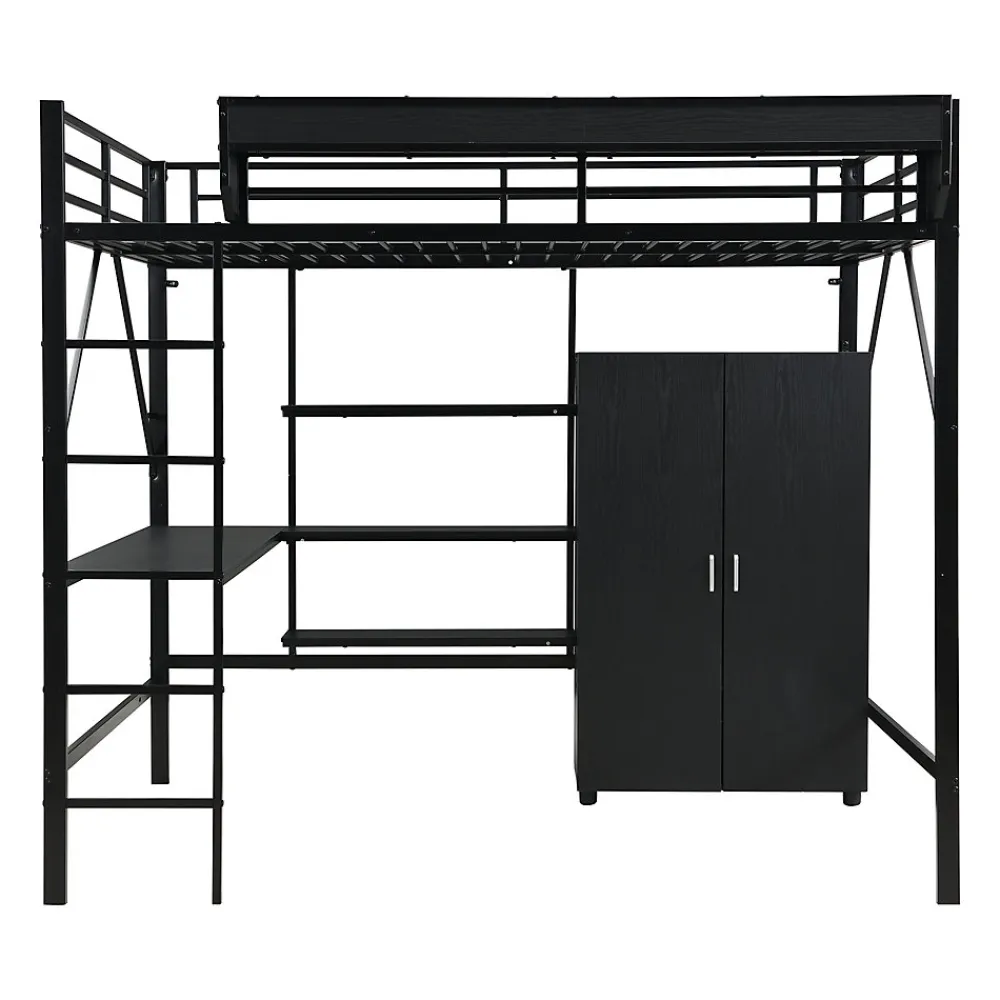 Lit mezzanine 140x200 cm avec bureau et étagère de rangement - avec garde-robe - Métal + MDF - Noir (sans matelas)>ModernLuxe Discount