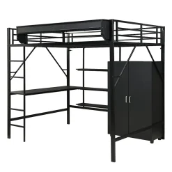 Lit mezzanine 140x200 cm avec bureau et étagère de rangement - avec garde-robe - Métal + MDF - Noir (sans matelas)><noscript><img width=