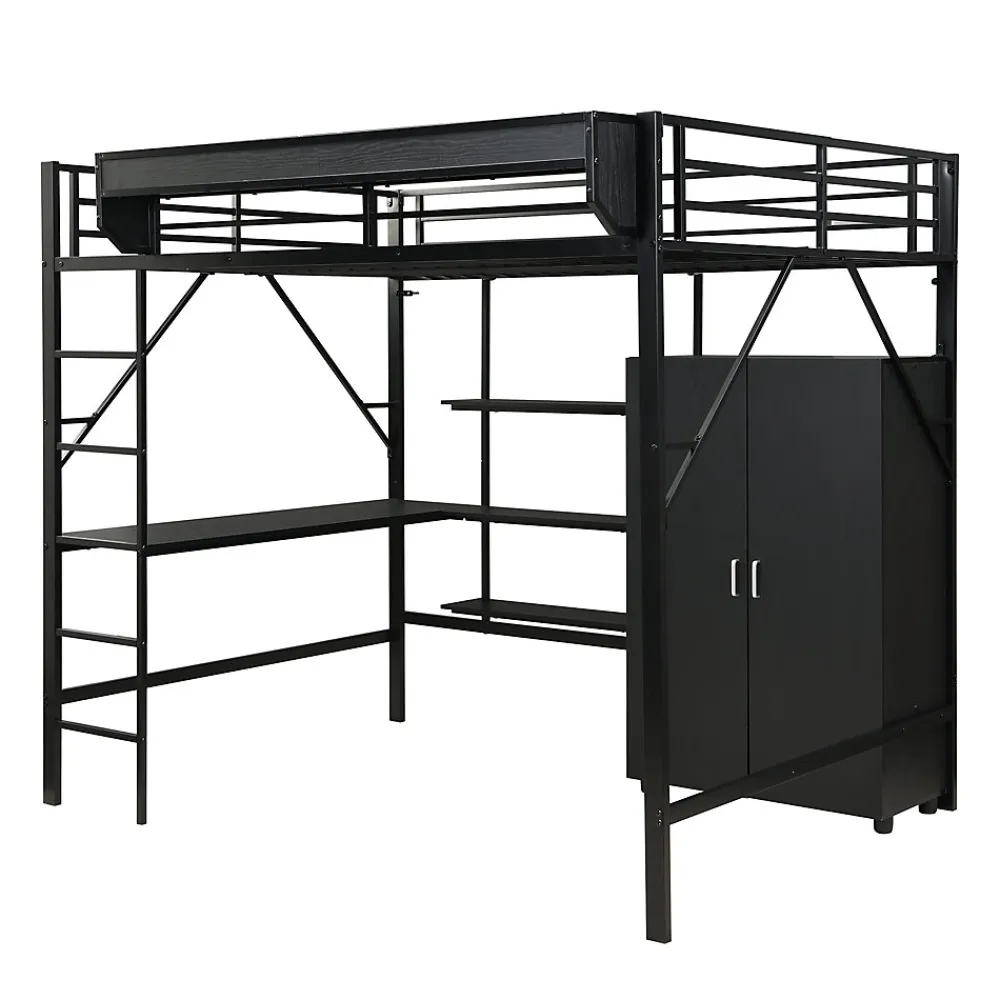 Lit mezzanine 140x200 cm avec bureau et étagère de rangement - avec garde-robe - Métal + MDF - Noir (sans matelas)>ModernLuxe Discount