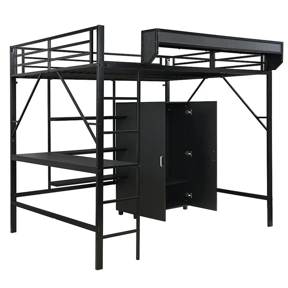 Lit mezzanine 140x200 cm avec bureau et étagère de rangement - avec garde-robe - Métal + MDF - Noir (sans matelas)>ModernLuxe Discount