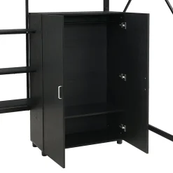 Lit mezzanine 140x200 cm avec bureau et étagère de rangement - avec garde-robe - Métal + MDF - Noir (sans matelas)><noscript><img width=