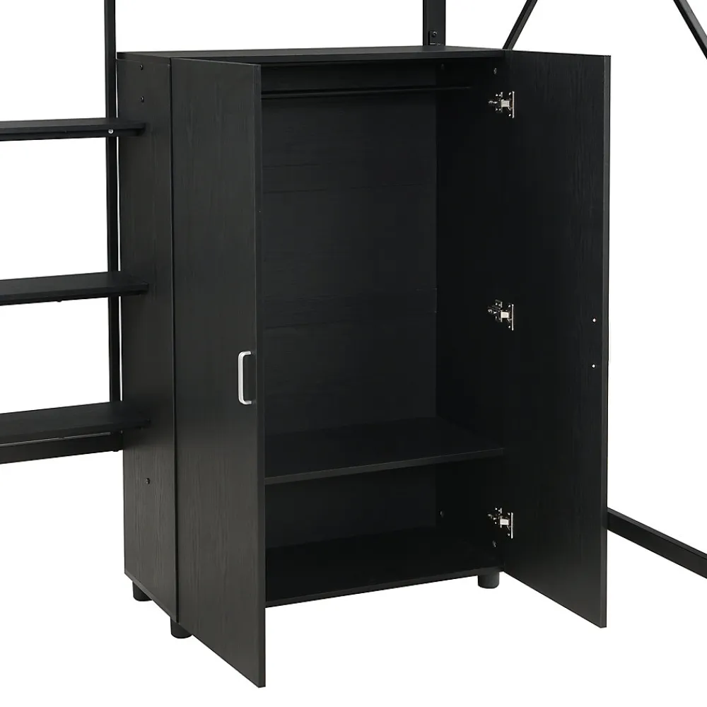 Lit mezzanine 140x200 cm avec bureau et étagère de rangement - avec garde-robe - Métal + MDF - Noir (sans matelas)>ModernLuxe Discount