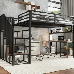Lit mezzanine 120x200 cm avec bureau et étagère - escaliers avec rampes - Métal+panneaux de particules - Noir (sans matelas)>ModernLuxe Clearance