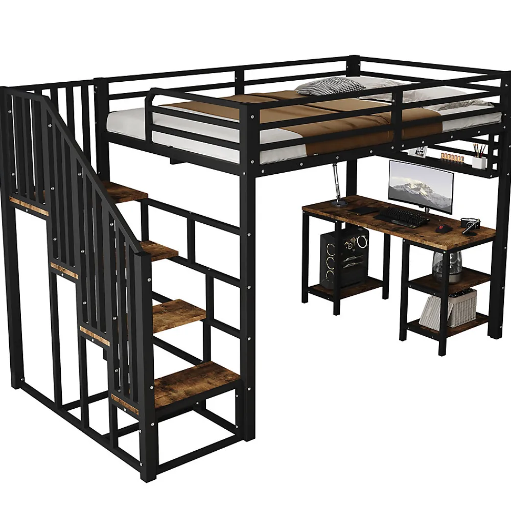 Lit mezzanine 120x200 cm avec bureau et étagère - escaliers avec rampes - Métal+panneaux de particules - Noir (sans matelas)>ModernLuxe Clearance