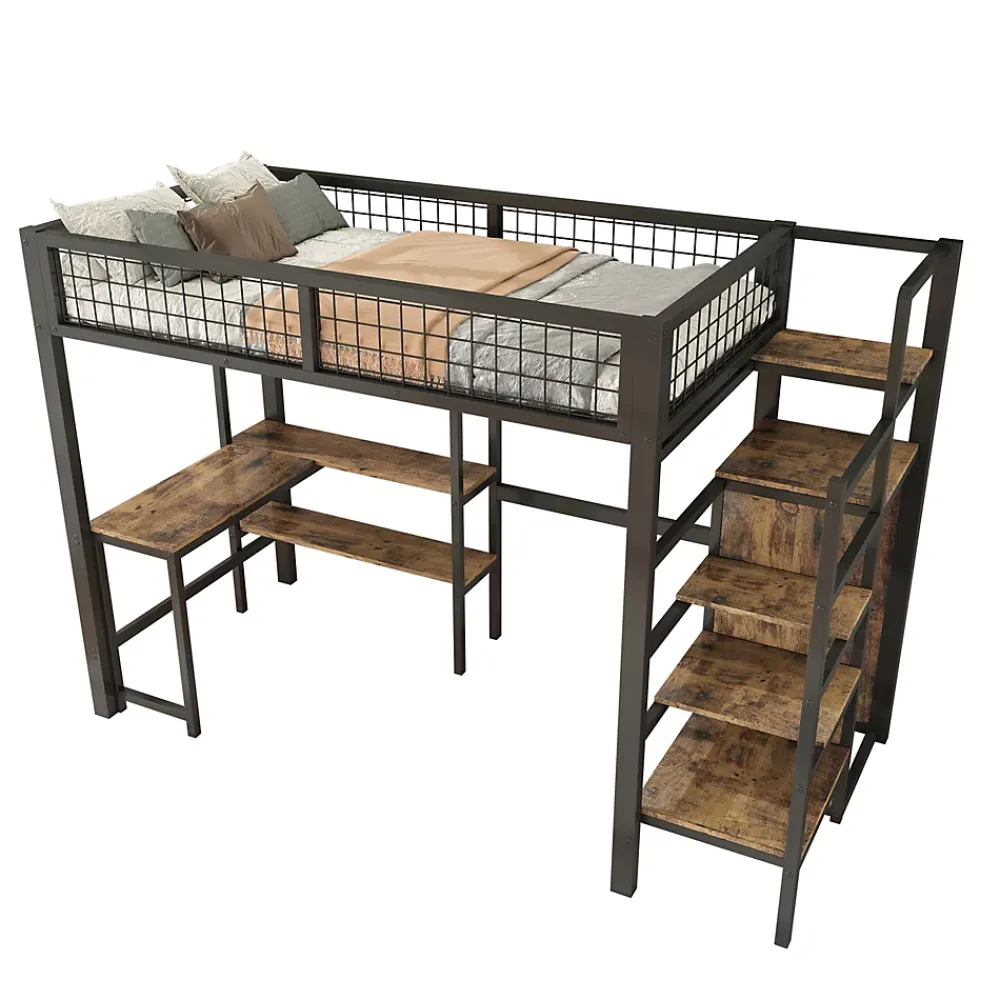 Okwish Lit mezzanine 90x200 cm avec bureau, placard et étagères, structure métal robuste, noir, sans matelas* Lit Mezzanine