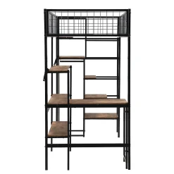 Okwish Lit mezzanine 90x200 cm avec bureau, placard et étagères, structure métal robuste, noir, sans matelas* Lit Mezzanine
