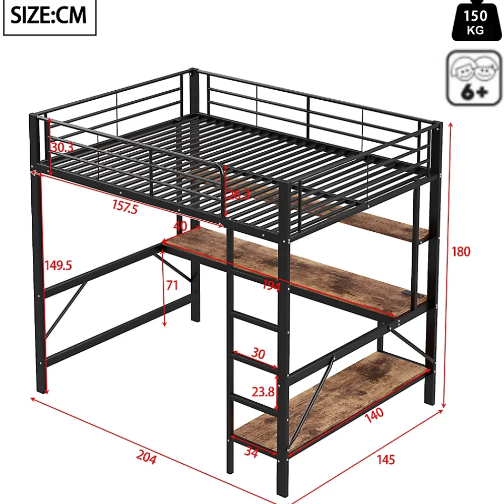 Okwish Lit mezzanine 140x200 cm avec bureau, étagères, LED et prise USB - lit ado/enfant gain de place - métal noir - sans matelas* Lit Mezzanine