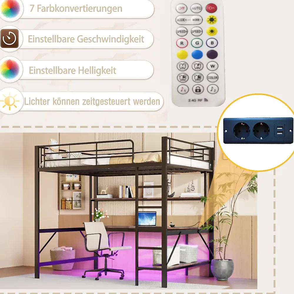 Okwish Lit mezzanine 140x200 cm avec bureau, étagères, LED et prise USB - lit ado/enfant gain de place - métal noir - sans matelas* Lit Mezzanine