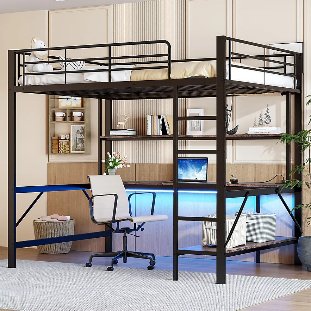 Okwish Lit mezzanine 140x200 cm avec bureau, étagères, LED et prise USB - lit ado/enfant gain de place - métal noir - sans matelas* Lit Mezzanine