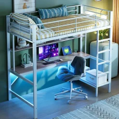 Lit mezzanine 90x200 cm avec bureau intégré, étagères, LED et prise USB, lit ado/enfant gain de place - métal blanc - sans matelas>Generique