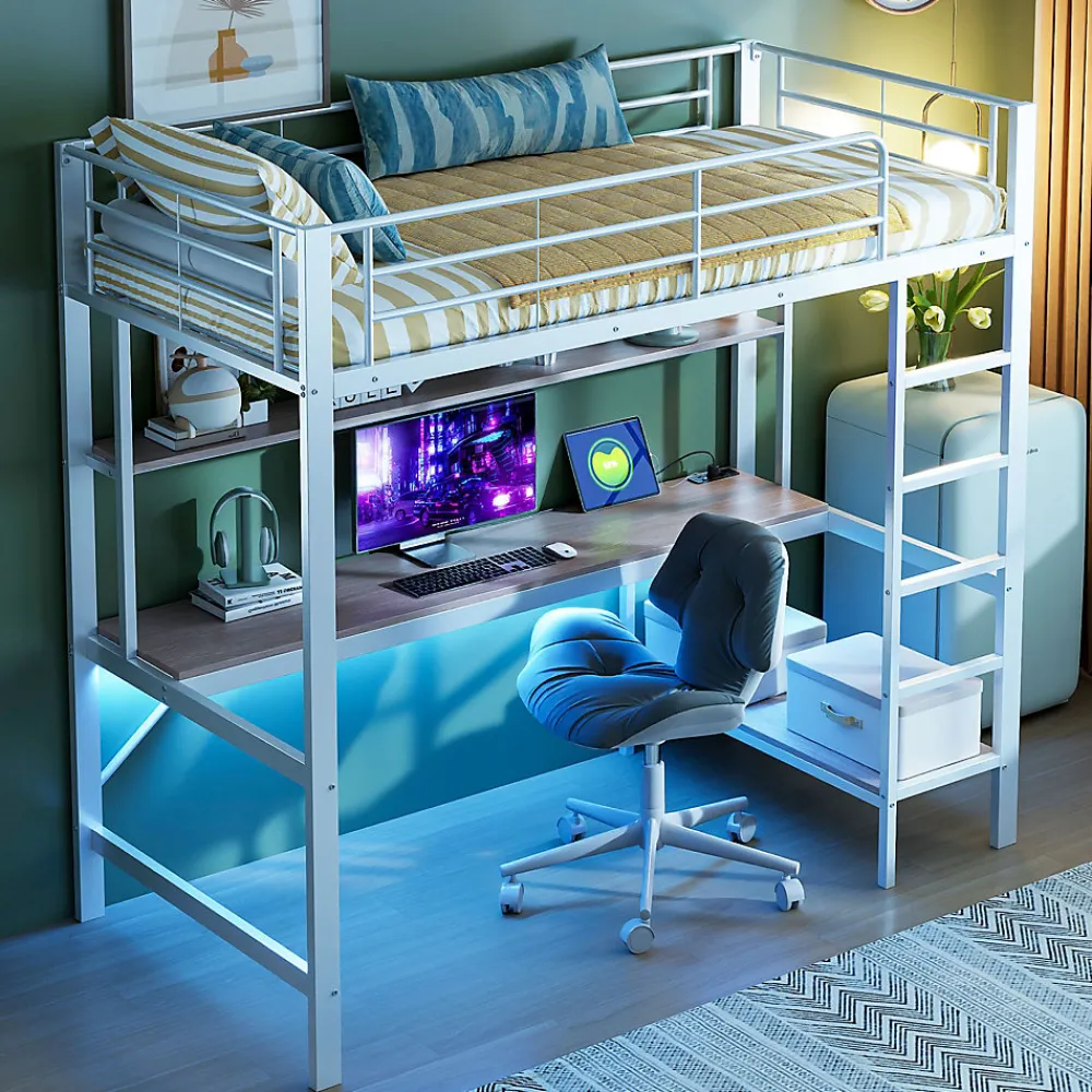 Lit mezzanine 90x200 cm avec bureau intégré, étagères, LED et prise USB, lit ado/enfant gain de place - métal blanc - sans matelas>Generique