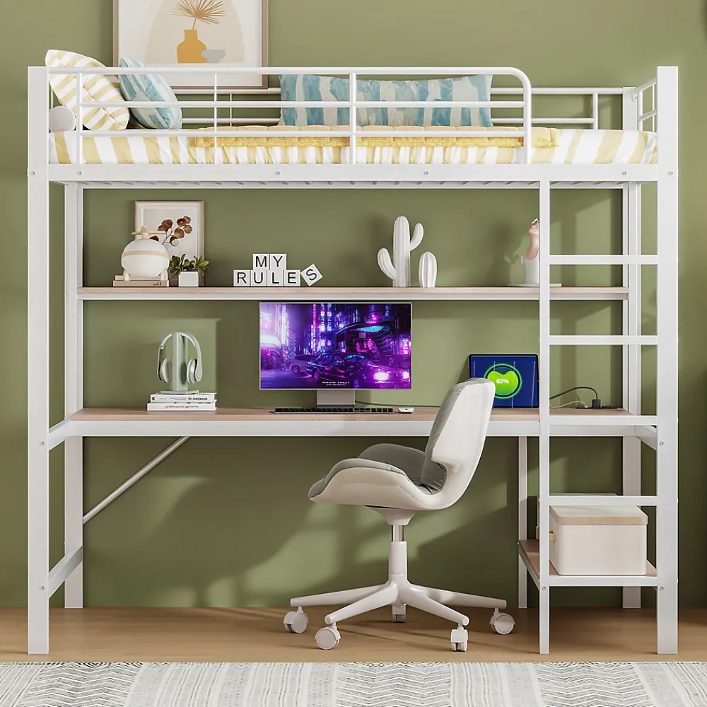 Lit mezzanine 90x200 cm avec bureau intégré, étagères, LED et prise USB, lit ado/enfant gain de place - métal blanc - sans matelas>Generique