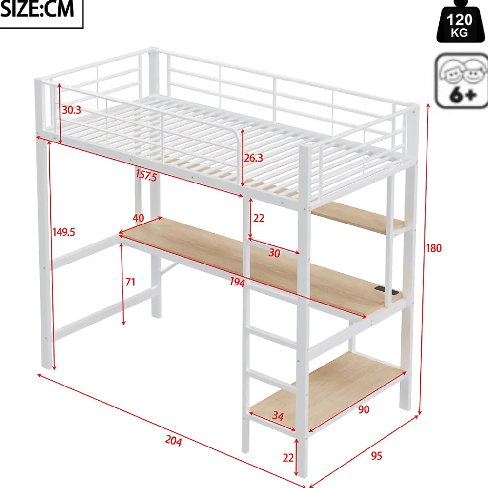 Lit mezzanine 90x200 cm avec bureau intégré, étagères, LED et prise USB, lit ado/enfant gain de place - métal blanc - sans matelas>Generique
