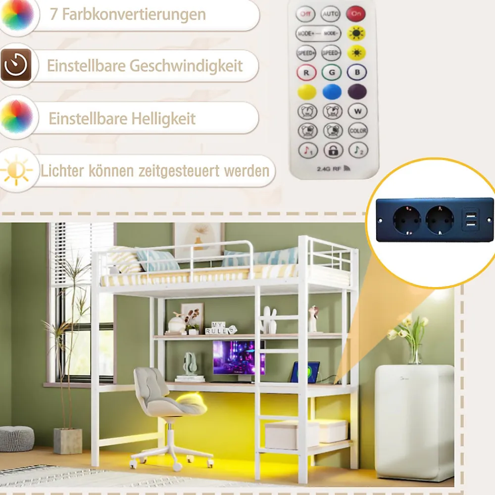 Lit mezzanine 90x200 cm avec bureau intégré, étagères, LED et prise USB, lit ado/enfant gain de place - métal blanc - sans matelas>Generique