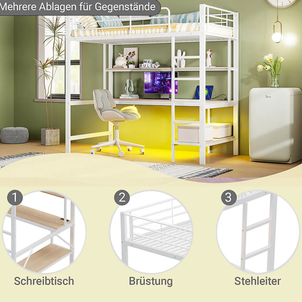Lit mezzanine 90x200 cm avec bureau intégré, étagères, LED et prise USB, lit ado/enfant gain de place - métal blanc - sans matelas>Generique