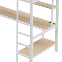 Lit mezzanine 90x200 cm avec bureau intégré, étagères, LED et prise USB, lit ado/enfant gain de place - métal blanc - sans matelas><noscript><img width=