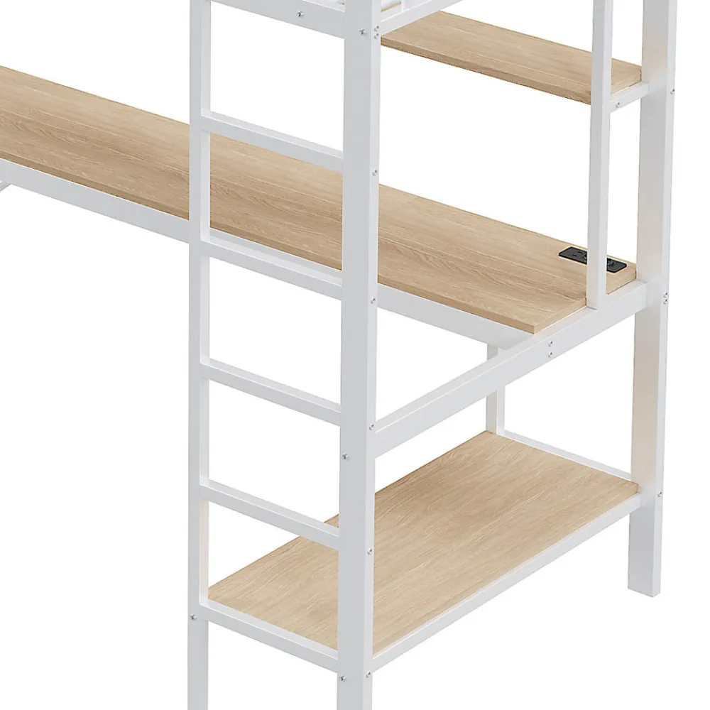 Lit mezzanine 90x200 cm avec bureau intégré, étagères, LED et prise USB, lit ado/enfant gain de place - métal blanc - sans matelas>Generique