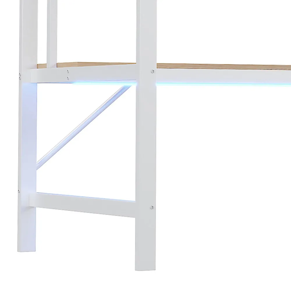 Lit mezzanine 90x200 cm avec bureau intégré, étagères, LED et prise USB, lit ado/enfant gain de place - métal blanc - sans matelas>Generique