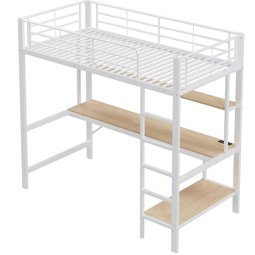 Lit mezzanine 90x200 cm avec bureau intégré, étagères, LED et prise USB, lit ado/enfant gain de place - métal blanc - sans matelas>Generique