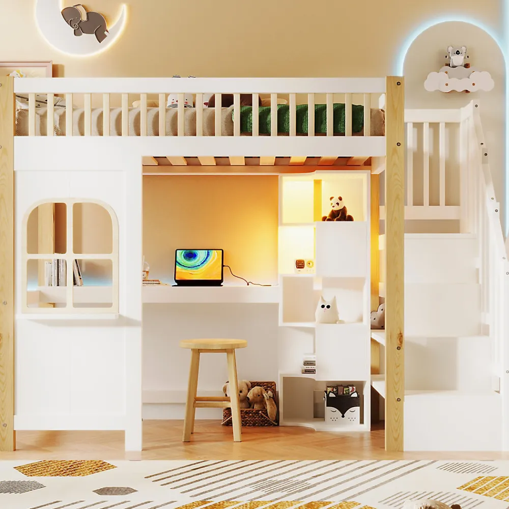 Lit Mezzanine 90x200 cm avec Bureau, LED et Escalier de Rangement - Sans Matelas - Pin et MDF - Blanc et Naturel>Okwish Outlet