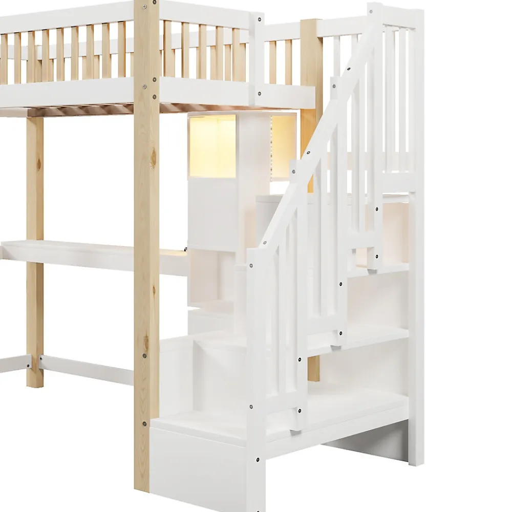 Lit Mezzanine 90x200 cm avec Bureau, LED et Escalier de Rangement - Sans Matelas - Pin et MDF - Blanc et Naturel>Okwish Outlet