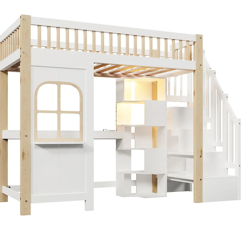 Lit Mezzanine 90x200 cm avec Bureau, LED et Escalier de Rangement - Sans Matelas - Pin et MDF - Blanc et Naturel>Okwish Outlet