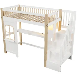 Lit Mezzanine 90x200 cm avec Bureau, LED et Escalier de Rangement - Sans Matelas - Pin et MDF - Blanc et Naturel><noscript><img width=