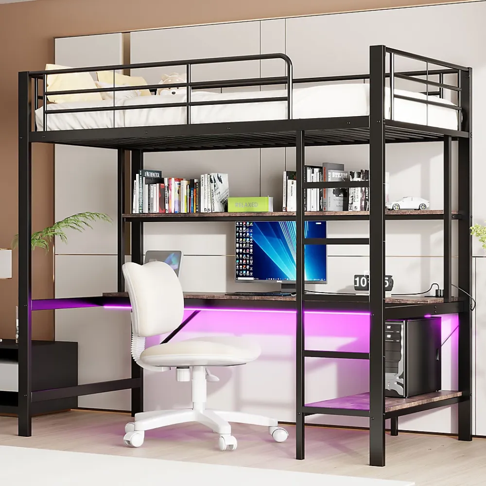 Okwish Lit mezzanine 90x200 cm avec bureau intégré, étagères, LED et prise USB - lit ado/enfant gain de place - métal noir - sans matelas* Lit Mezzanine