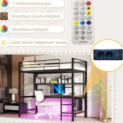 Okwish Lit mezzanine 90x200 cm avec bureau intégré, étagères, LED et prise USB - lit ado/enfant gain de place - métal noir - sans matelas* Lit Mezzanine