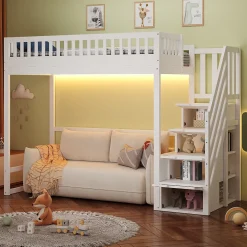 Lit mezzanine 90x200 cm avec échelle de sécurité - avec barrières de sécurité - lumières LED - blanc (sans matelas)>ModernLuxe Clearance