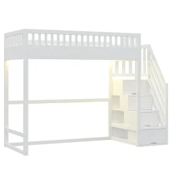 Lit mezzanine 90x200 cm avec échelle de sécurité - avec barrières de sécurité - lumières LED - blanc (sans matelas)><noscript><img width=